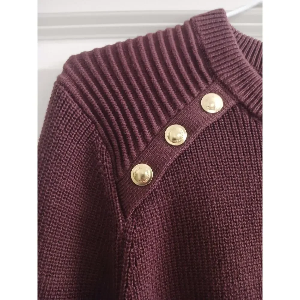 MICHAEL KORS Women's Crew Neck Pullover Sweater Gold Buttons Burgundy Sz S